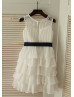 Ivory Lace Chiffon Cupcake Flower Girl Dress With Navy Blue Sash